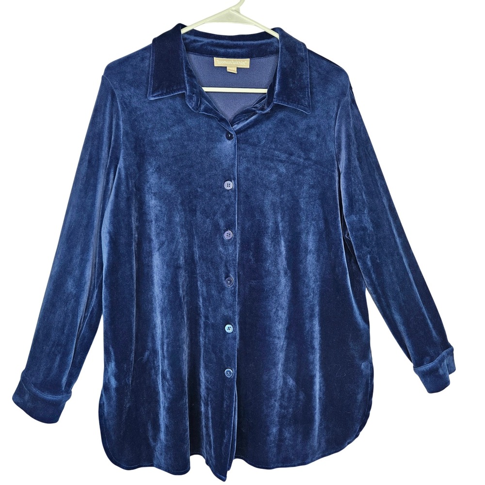 Woman Within Blue Velvet Button Down Long Sleeve Shirt Top Size M‎ 14 16